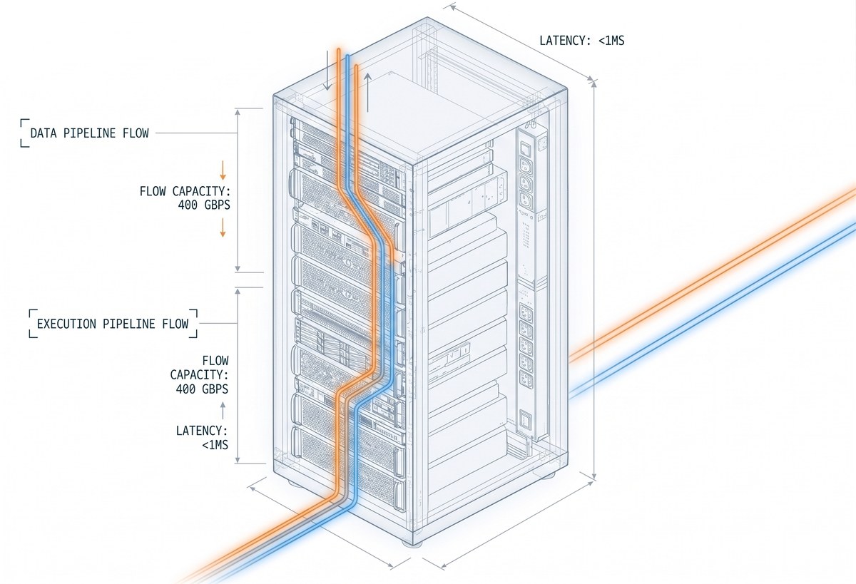 Anavec rack — data pipeline flow and execution pipeline flow, 400 Gbps, latency < 1ms