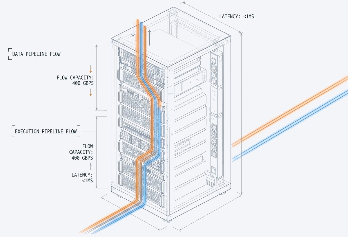 Vertical axes of execution · data pipeline flow and execution pipeline flow, 400 Gbps, latency < 1ms